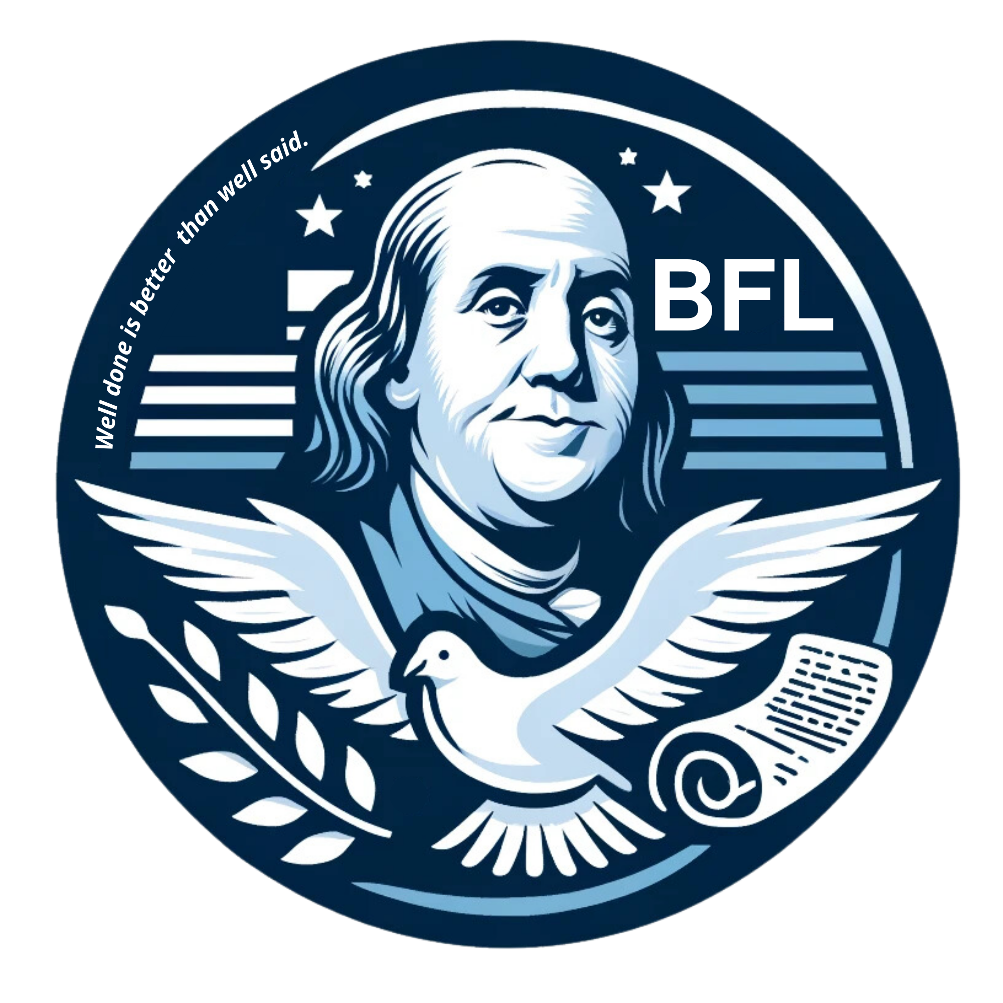Modify the logo for The Benjamin Franklin's Legacy program to feature a blue color palette. The design emphasizes Franklin's role as a founding father and diplomat, incorporating a peace dove, an (1)